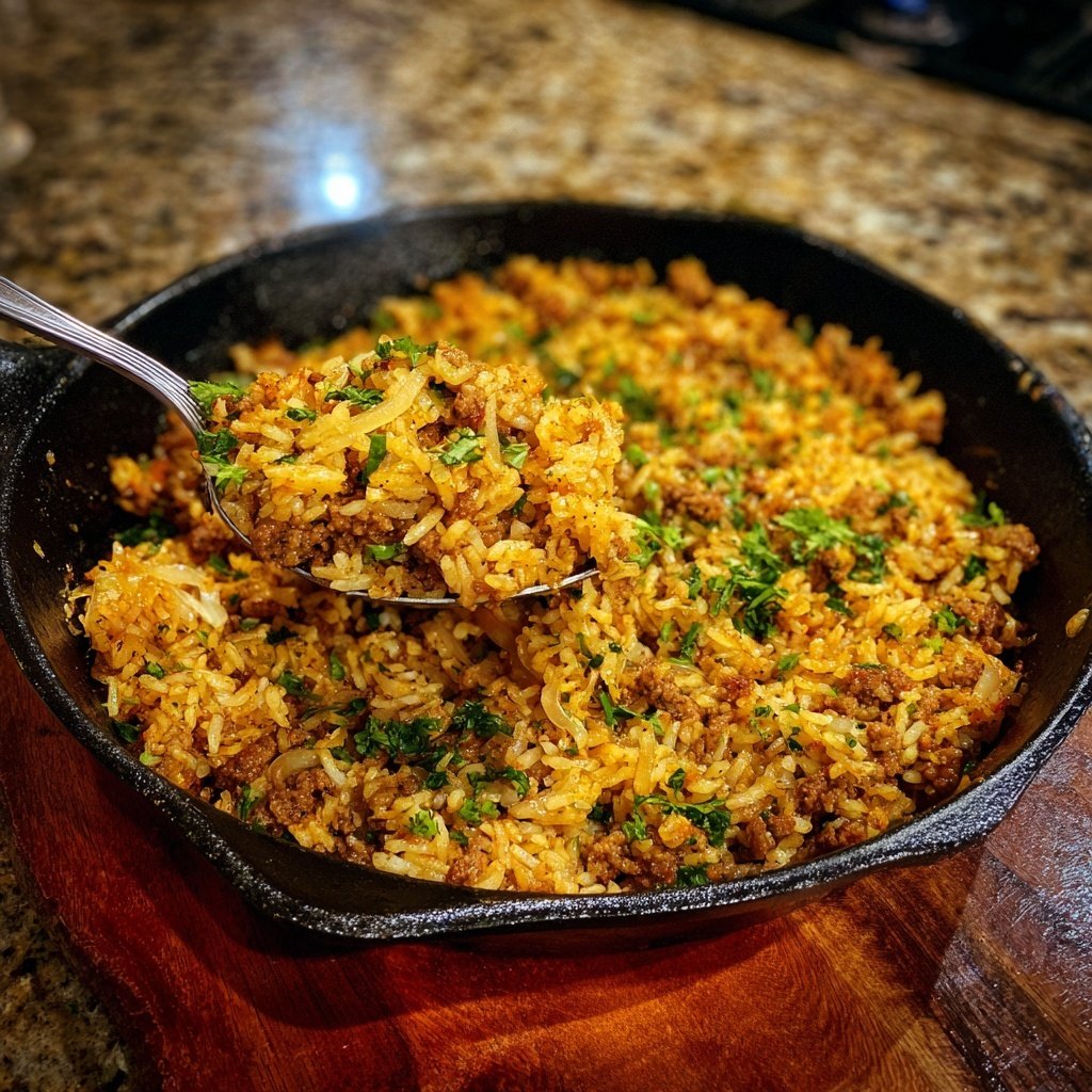Ground Beef And Onion Rice Skillet